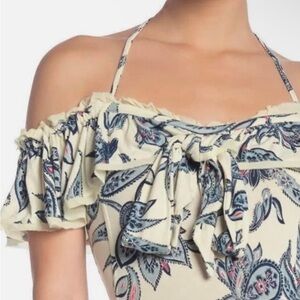 Free People Cha-Cha Cute Tie Front Strappy printed Stretchy Off shoulder Top XS